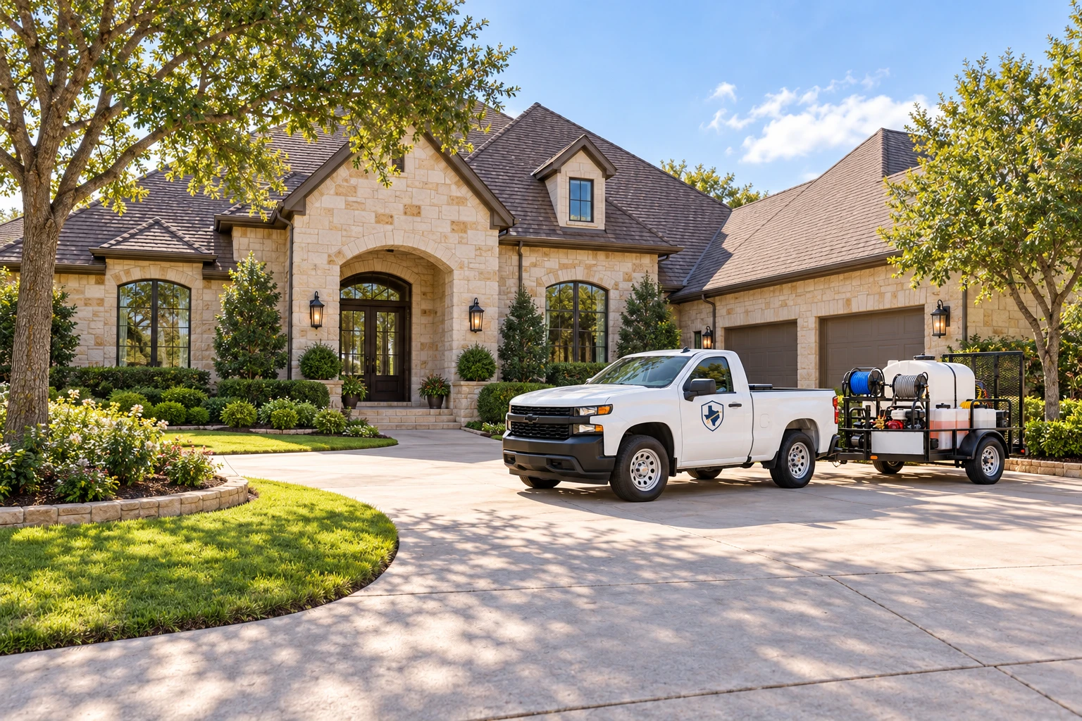 Illustration of a stone home and driveway with an exterior cleaning truck and trailer